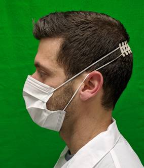 Ear saver worn here to show how it alleviates the pressure on the back of the ears from wearing mask all day