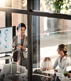 woman presenting to a table of people