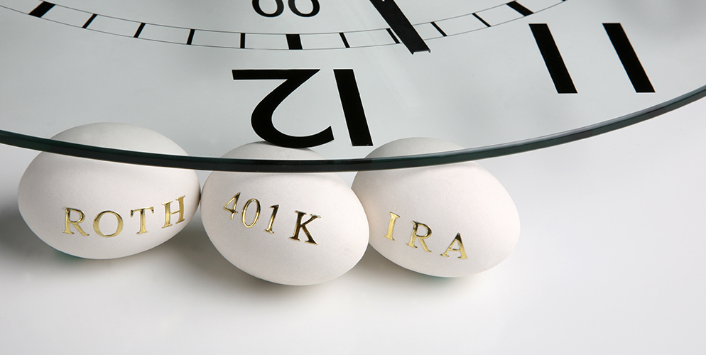 retirement account names on eggs under a clock