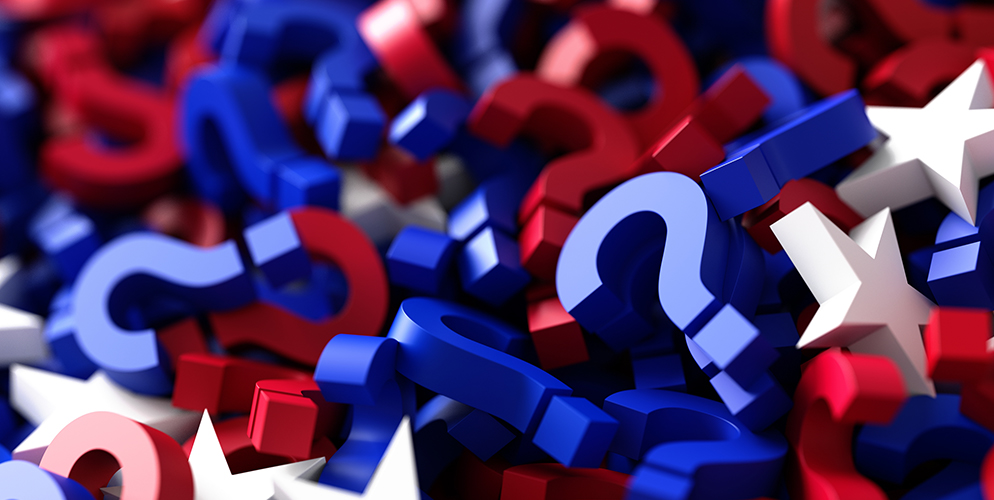 red, white, and blue question marks